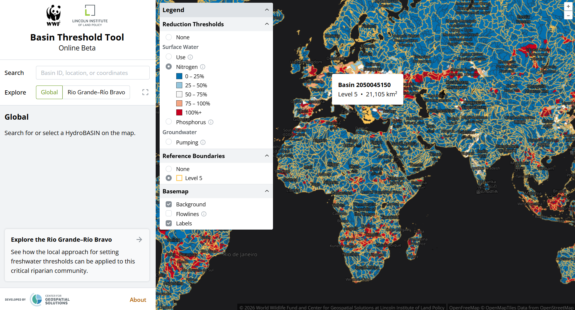 Screenshot of the Basin Threshold Tool showing the navigation panel, map legend, HydroBASINS Level 5 boundaries, and global map.